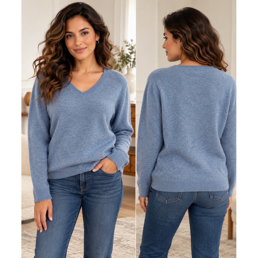 Tahari V-Neck Sweater 100% 2-Ply Cashmere Blue Knit Long Sleeve Pullover XL